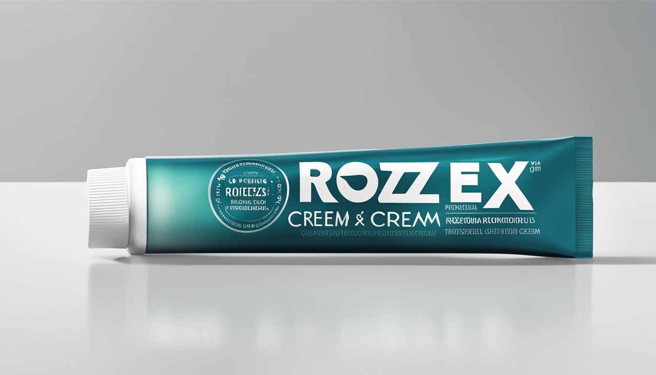 A tube of Rozex cream sits on a clean, white countertop. The label is clear and easy to read, with a simple and professional design