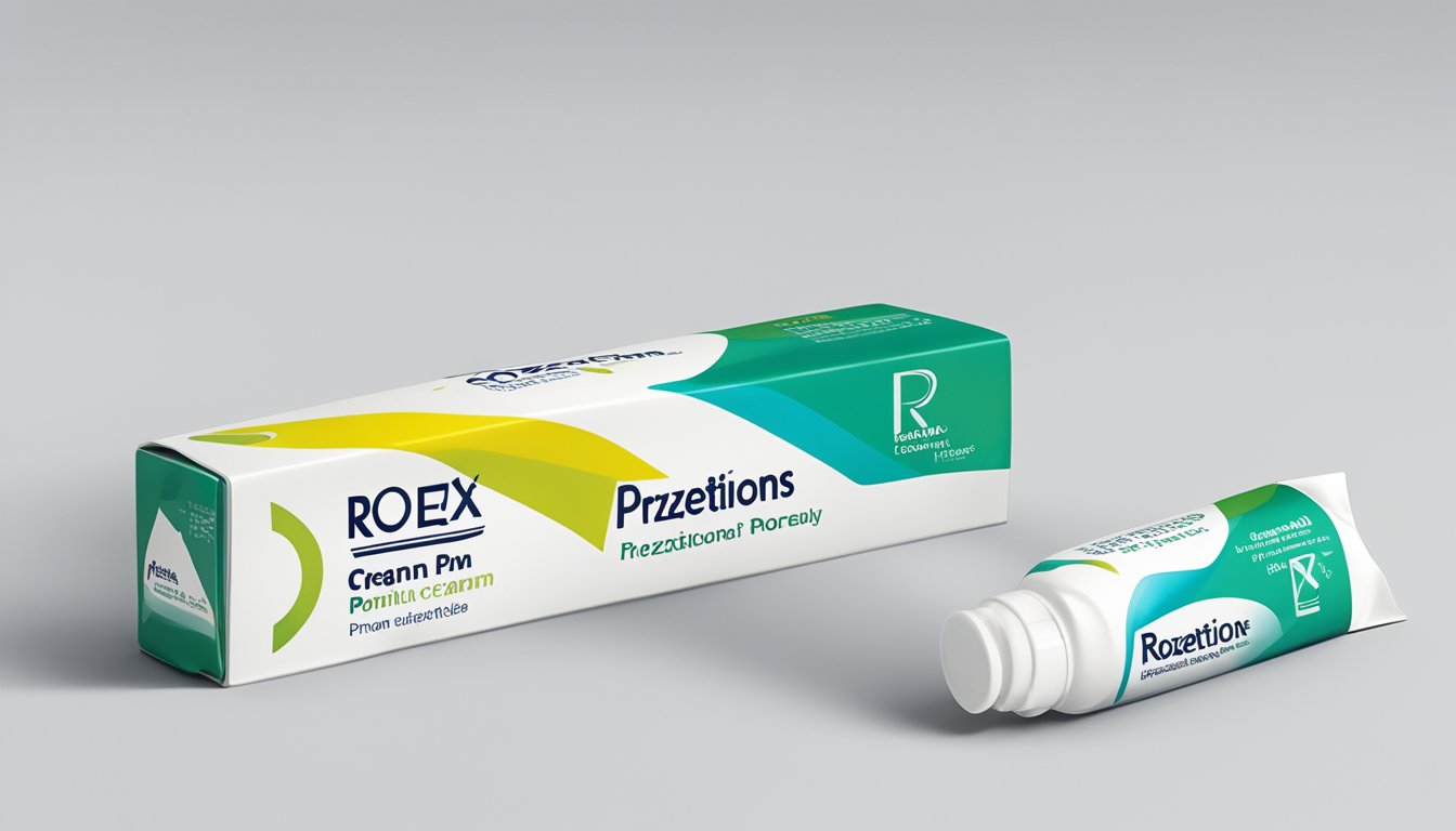 A tube of Rozex cream sits on a clean white surface, with a leaflet of patient information next to it. The label prominently displays the brand name and the words "precautions" in bold