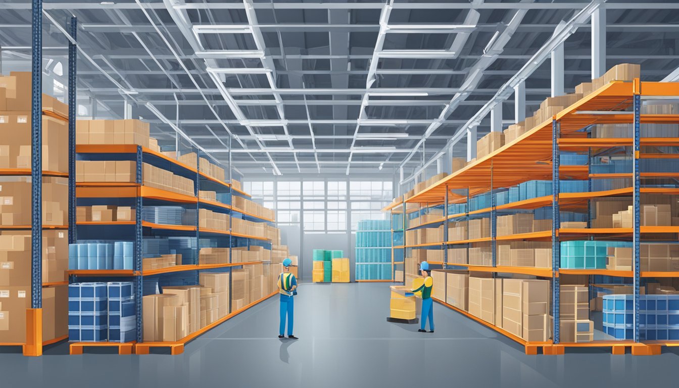 A warehouse with shelves of silicone tubing in Singapore. A supplier and customer discussing products