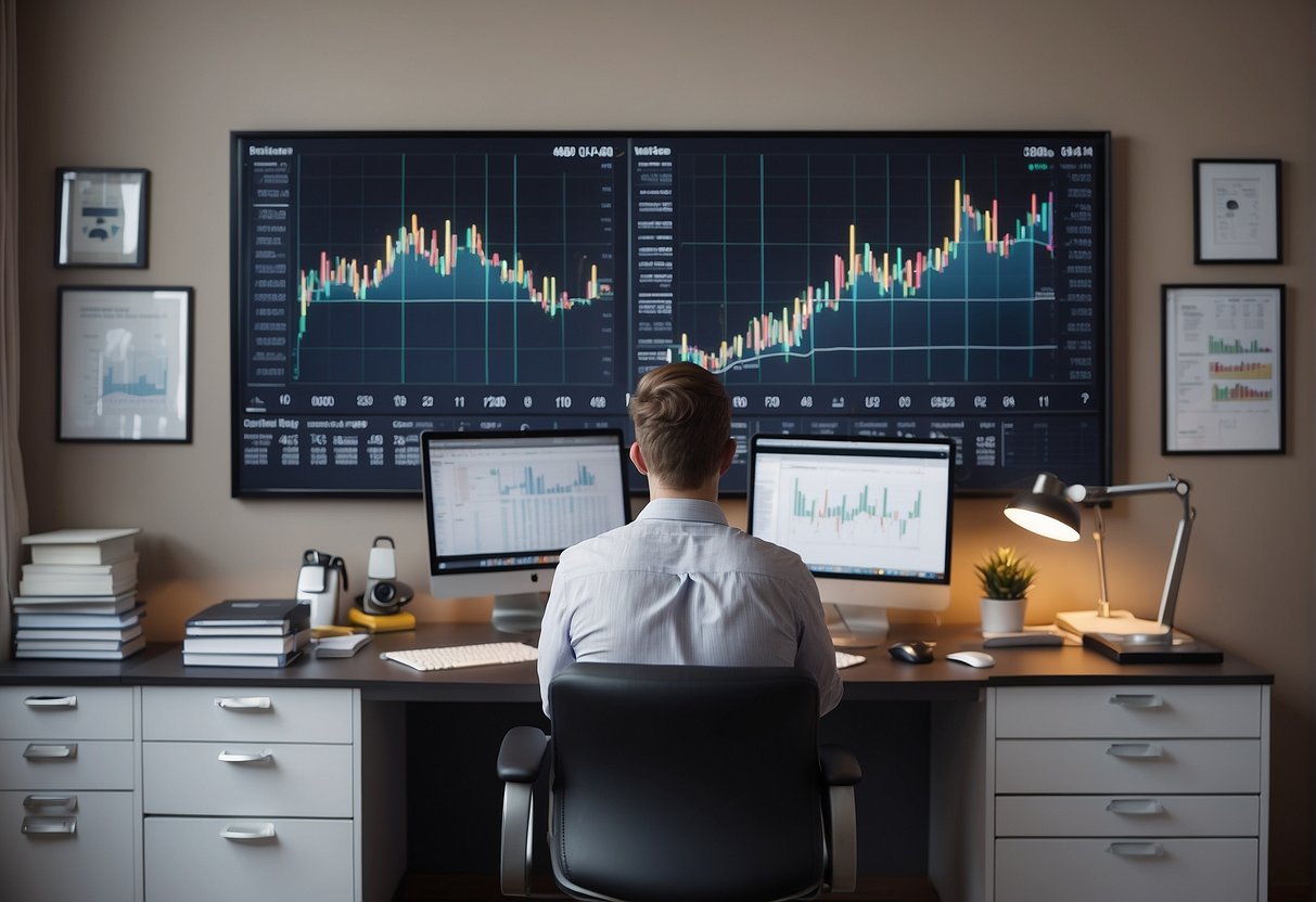 A person sitting at a desk, surrounded by charts and graphs, with a focused expression as they study market trends and make calculated decisions