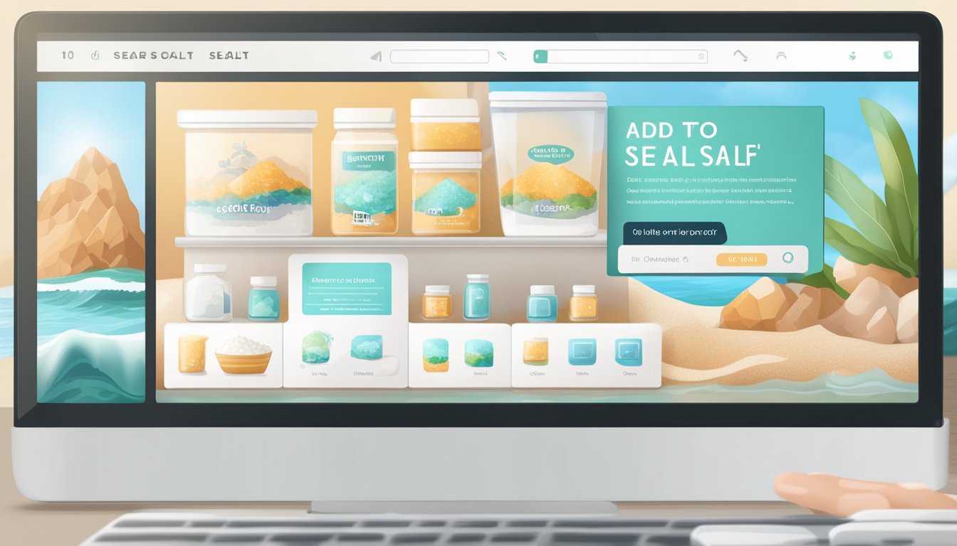 A computer screen displays an online sea salt store. A hand cursor clicks "Add to Cart" on a product page