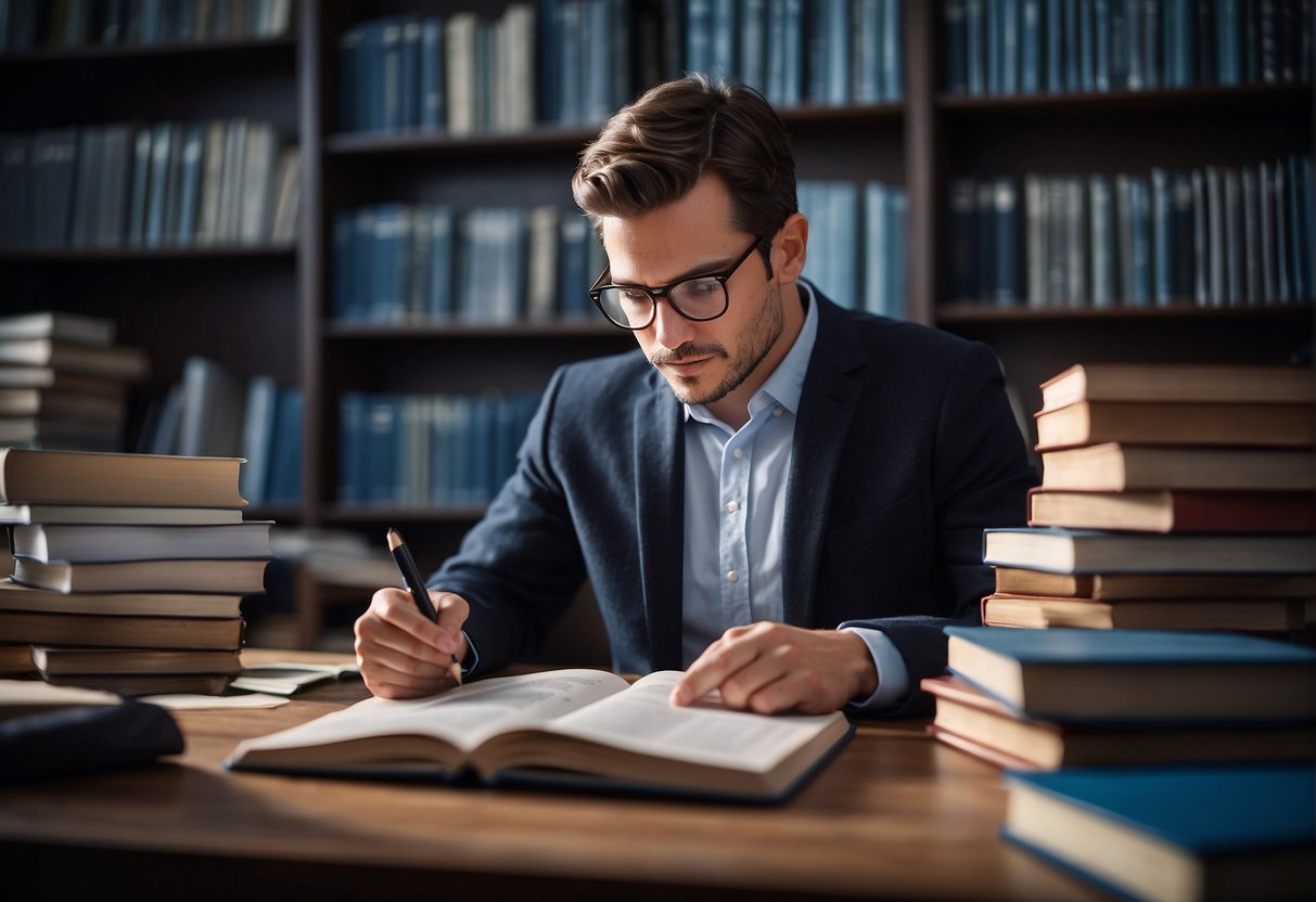 A person studying charts and market data, with a focused expression, surrounded by books on trading psychology and discipline