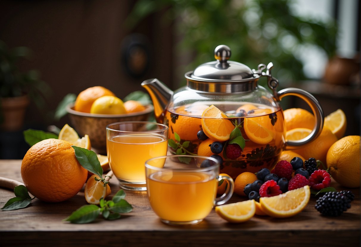 A table with a teapot, cups, and assorted fruits like oranges, lemons, and berries. A steaming pot of fruit-infused tea sits in the center, surrounded by fresh ingredients