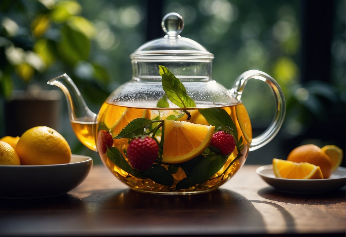 Fresh fruits and tea leaves blend in a glass teapot, releasing vibrant colors and aromas. A steaming cup sits beside, ready to be poured