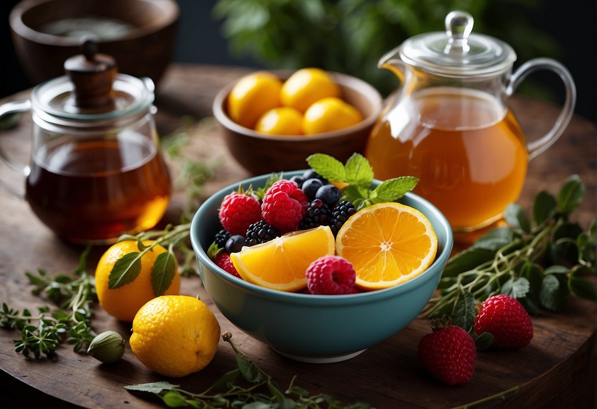 A colorful array of fresh fruits and herbs arranged next to a pot of simmering tea, with a spoonful of honey and a sprinkle of dried flowers