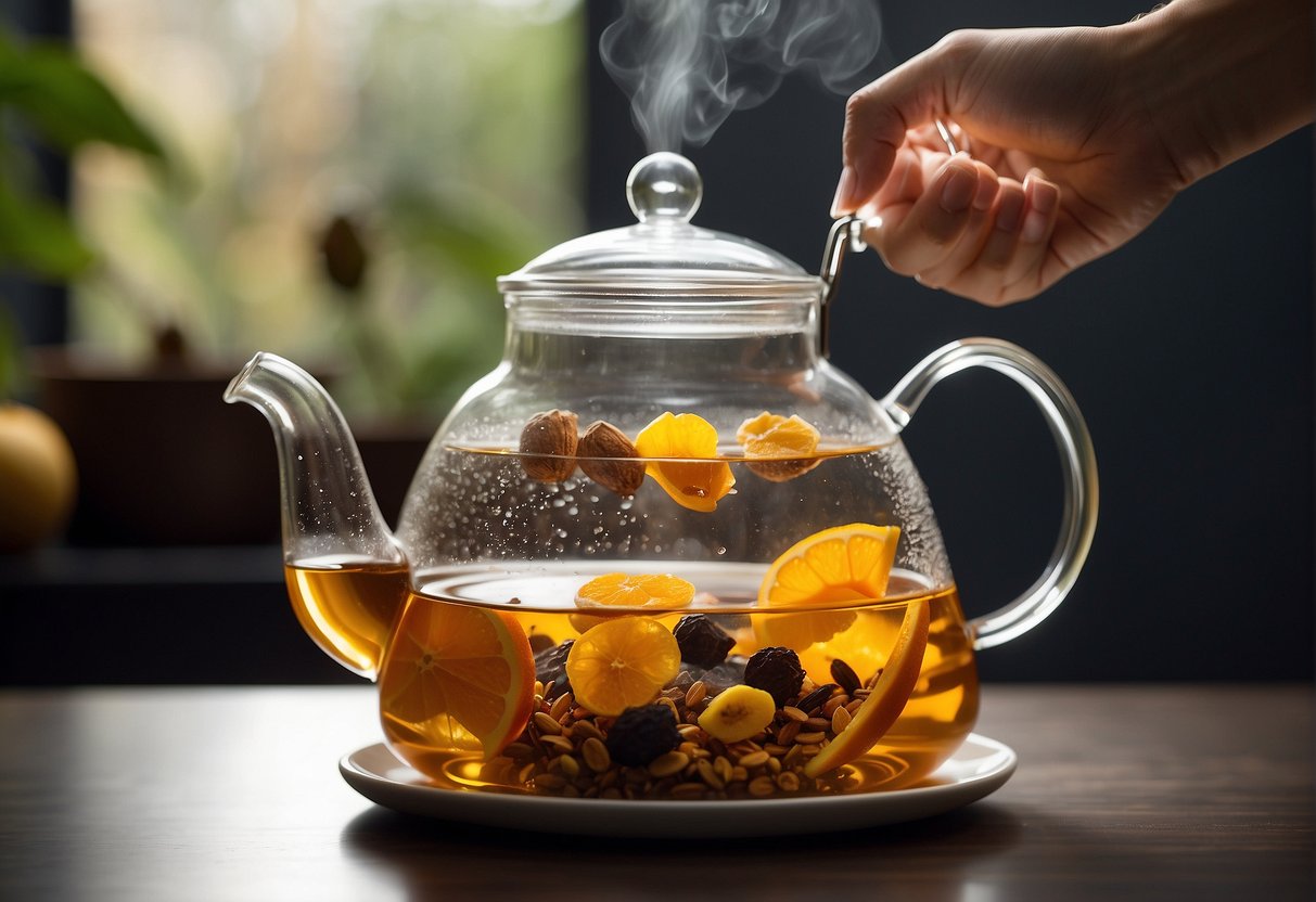 A hand pours hot water over a mix of dried fruits and tea leaves in a glass teapot, creating a rich, aromatic tea base
