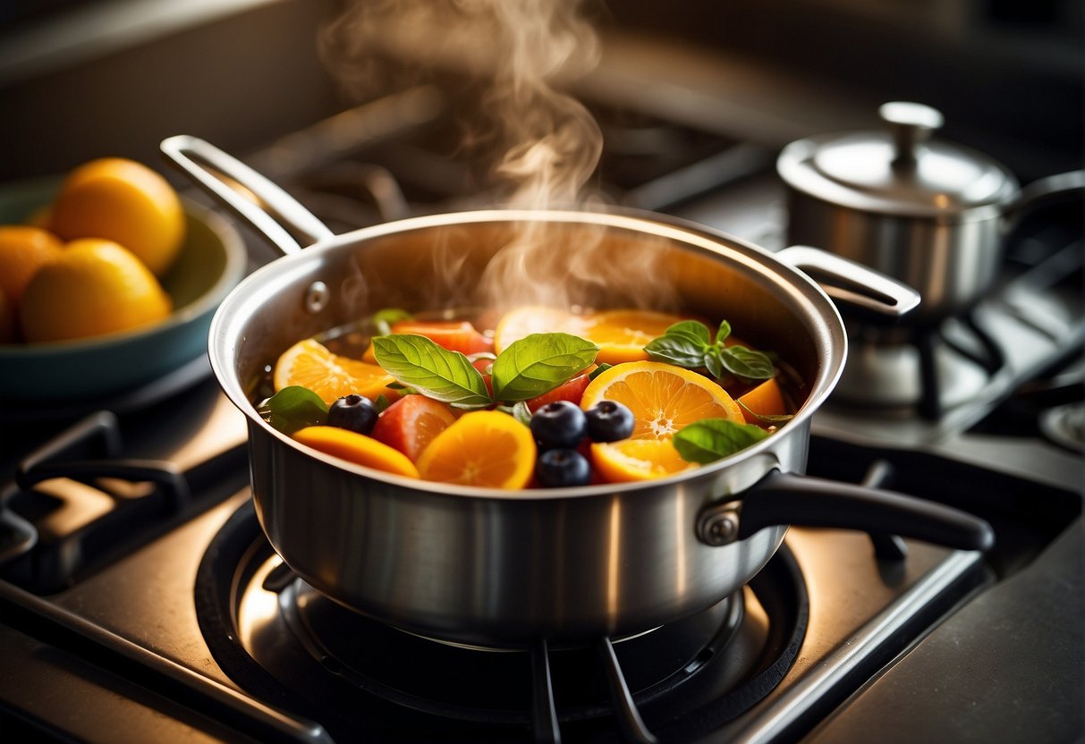 A pot simmers on a stove, filled with sliced fruits and tea leaves. Steam rises as the liquid infuses with vibrant colors. Ingredients and utensils are neatly arranged on a countertop