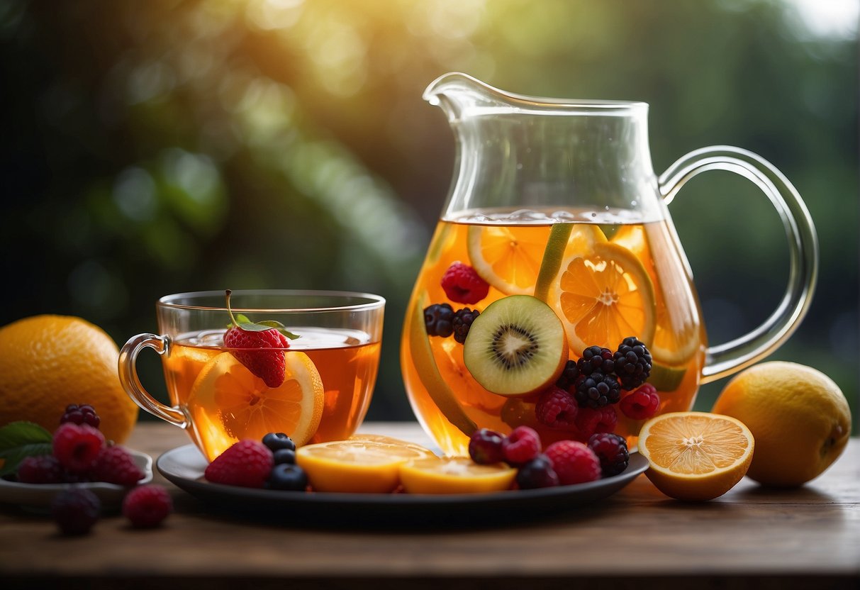 A glass pitcher pours vibrant Chinese fruit tea into a clear cup, with slices of fresh fruit floating on the surface