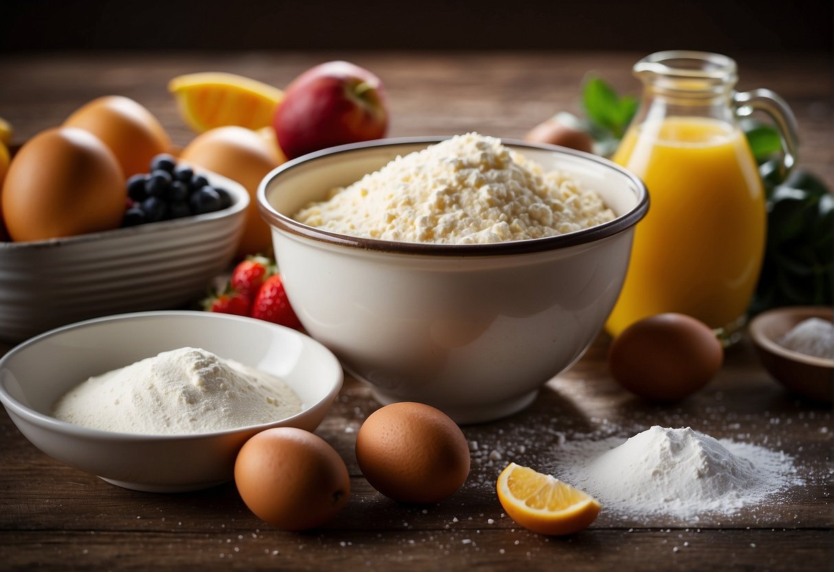 A table with ingredients like flour, eggs, sugar, and fruits. A mixing bowl, whisk, and baking pan are ready for use