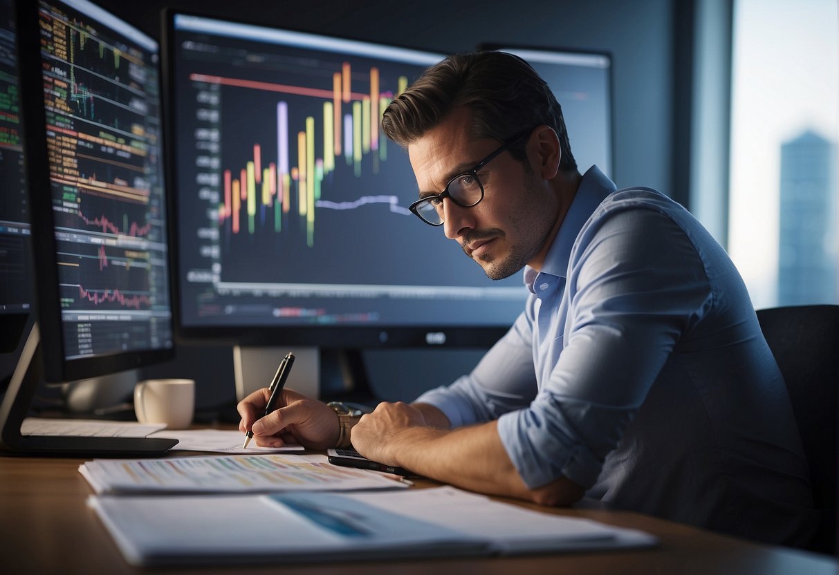 A person is sitting at a desk, surrounded by financial charts and graphs. They are deep in thought, pen in hand, as they contemplate market timing strategies for long-term success