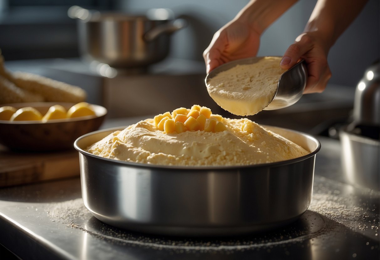 Mixing flour, sugar, and fruit in a bowl. Pouring batter into a cake tin. Placing tin in the oven. Cake rising and turning golden brown