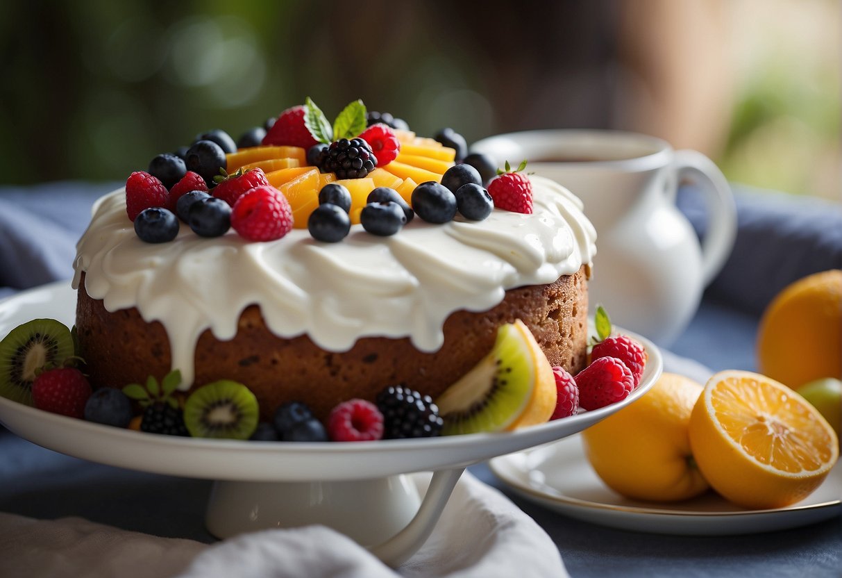 Fruit cake being iced with white frosting and garnished with fresh fruit slices on a decorative platter