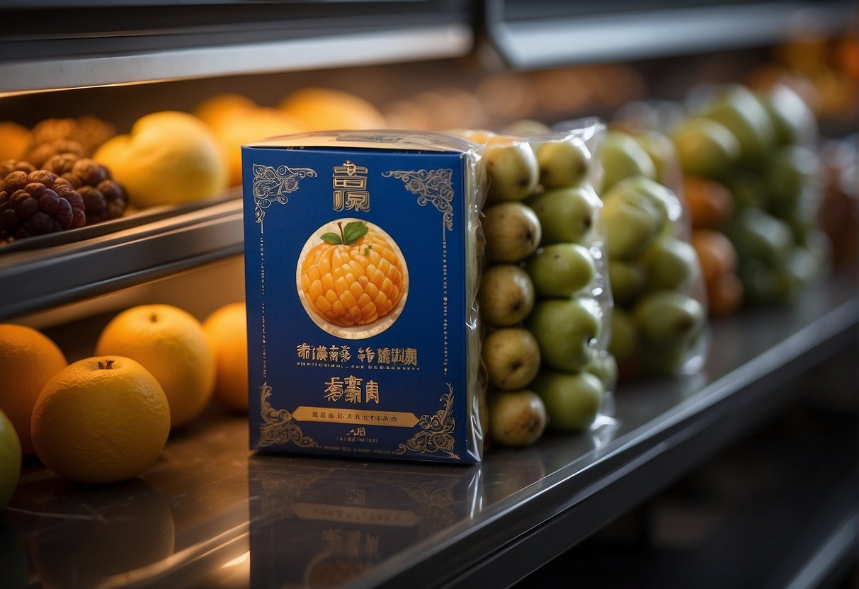 A Chinese fruit cake sits on a shelf, sealed in airtight packaging. The room is cool and dry, ensuring the cake's long shelf life
