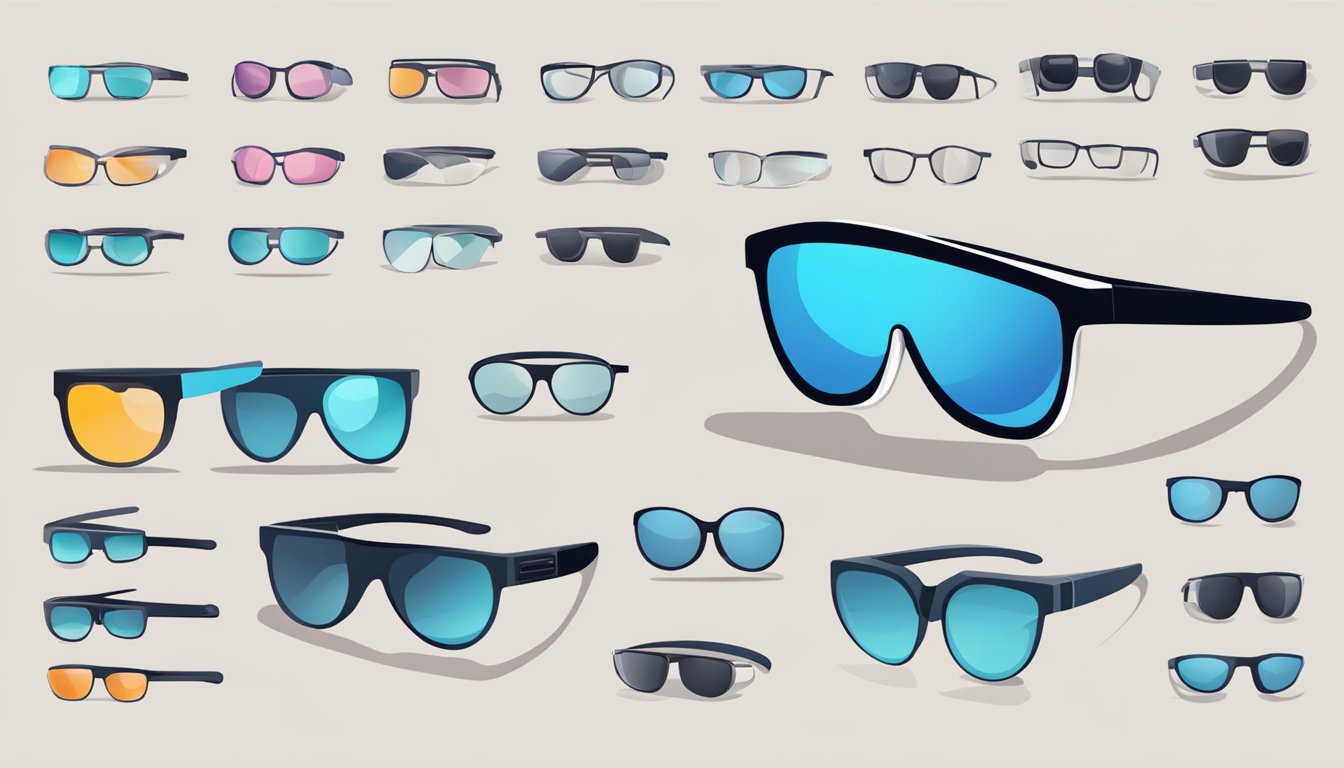 A hand reaches out to select from a variety of smart glasses displayed online, with options ranging from sleek and modern to classic and stylish