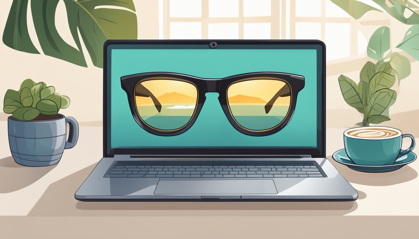 A laptop with a smart glasses website open on the screen, surrounded by a cup of coffee and a pair of stylish glasses