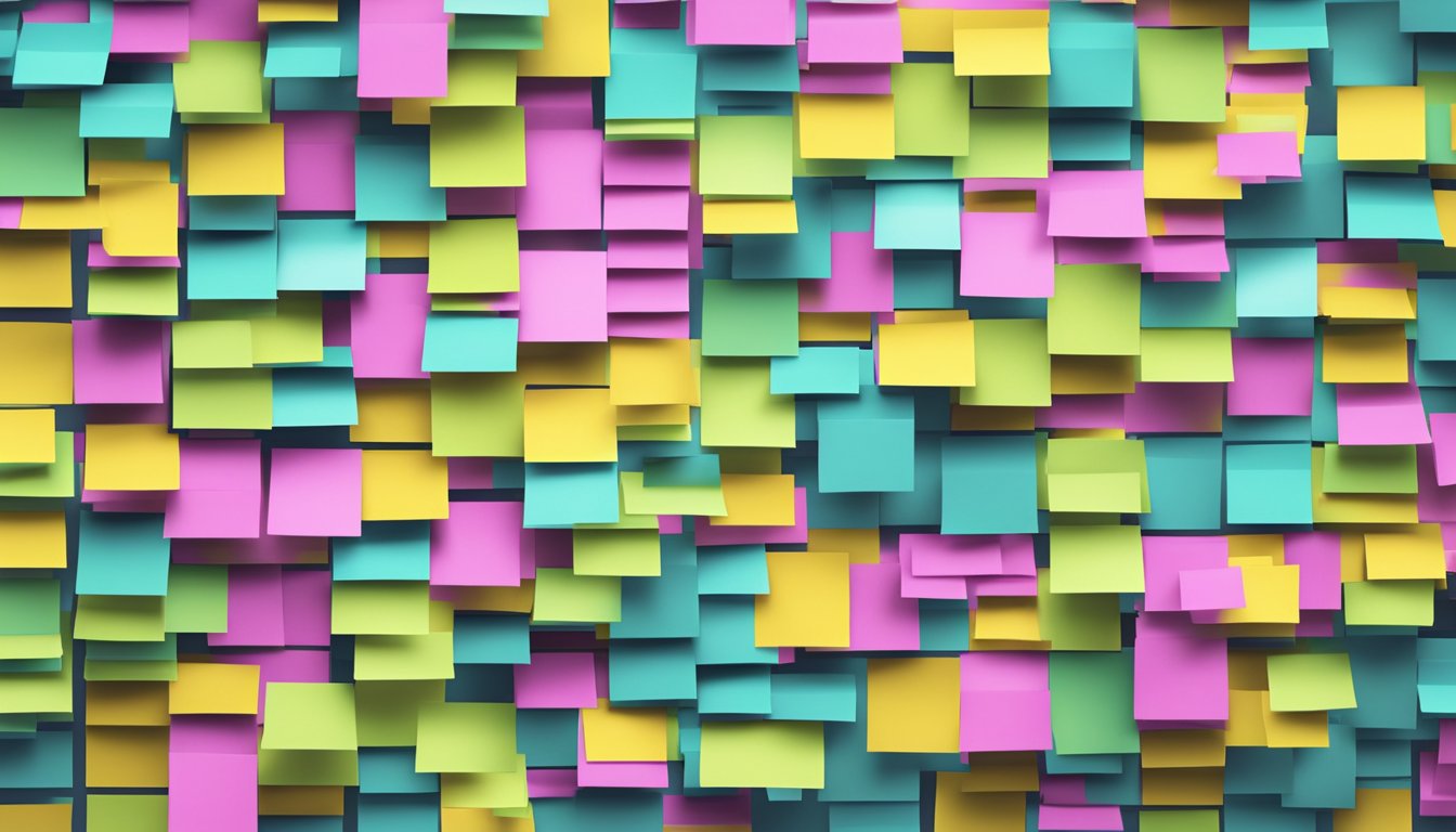 Colorful sticky notes arranged in a grid on a computer screen, with a cursor clicking on "buy online" button