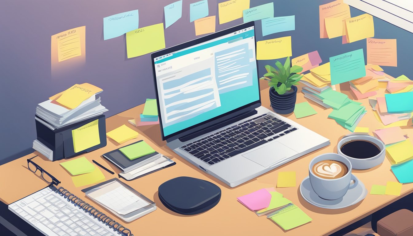 Colorful sticky notes arranged on a desk, with each note labeled with different tasks and priorities. A computer and a cup of coffee are nearby, creating a cozy and productive workspace