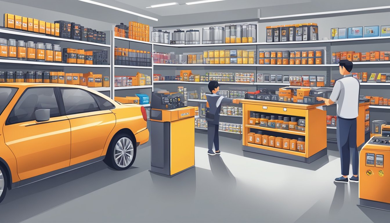 A car battery shop in Singapore, with shelves of various car batteries, a counter with a cashier, and customers browsing and purchasing products