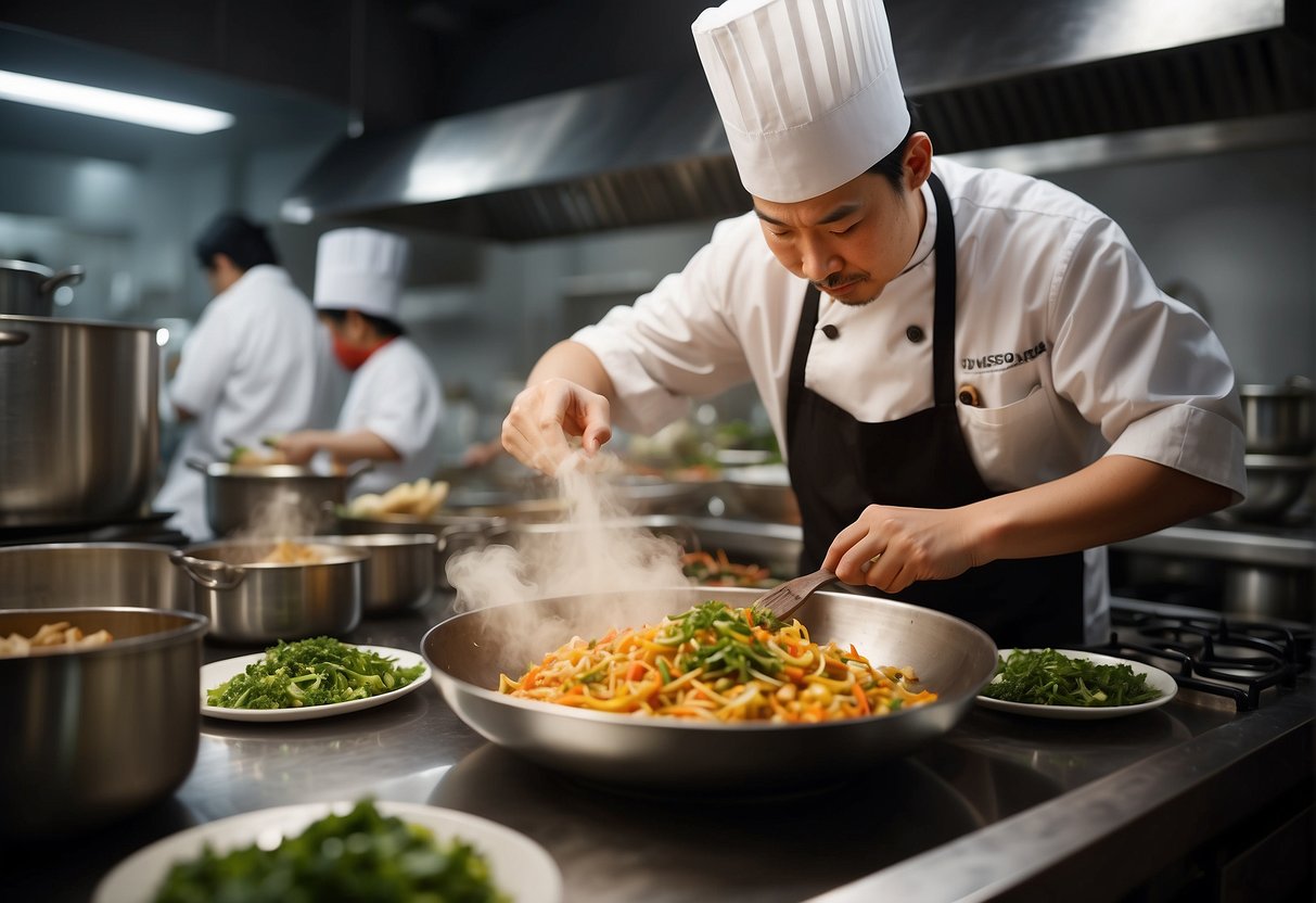 A bustling kitchen with chefs blending traditional Chinese ingredients with international flavors, creating innovative fusion dishes