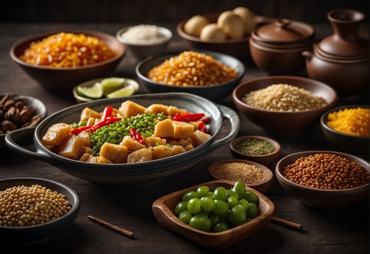 A table spread with colorful dishes, blending traditional Chinese flavors with modern influences. Ingredients like soy sauce, ginger, and Sichuan peppercorns are visible