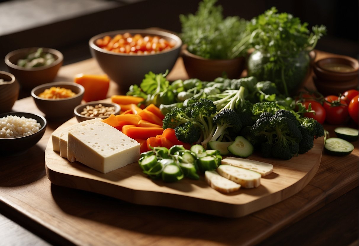A colorful spread of fresh vegetables, tofu, and vibrant herbs arranged on a wooden cutting board, surrounded by traditional Chinese cooking utensils
