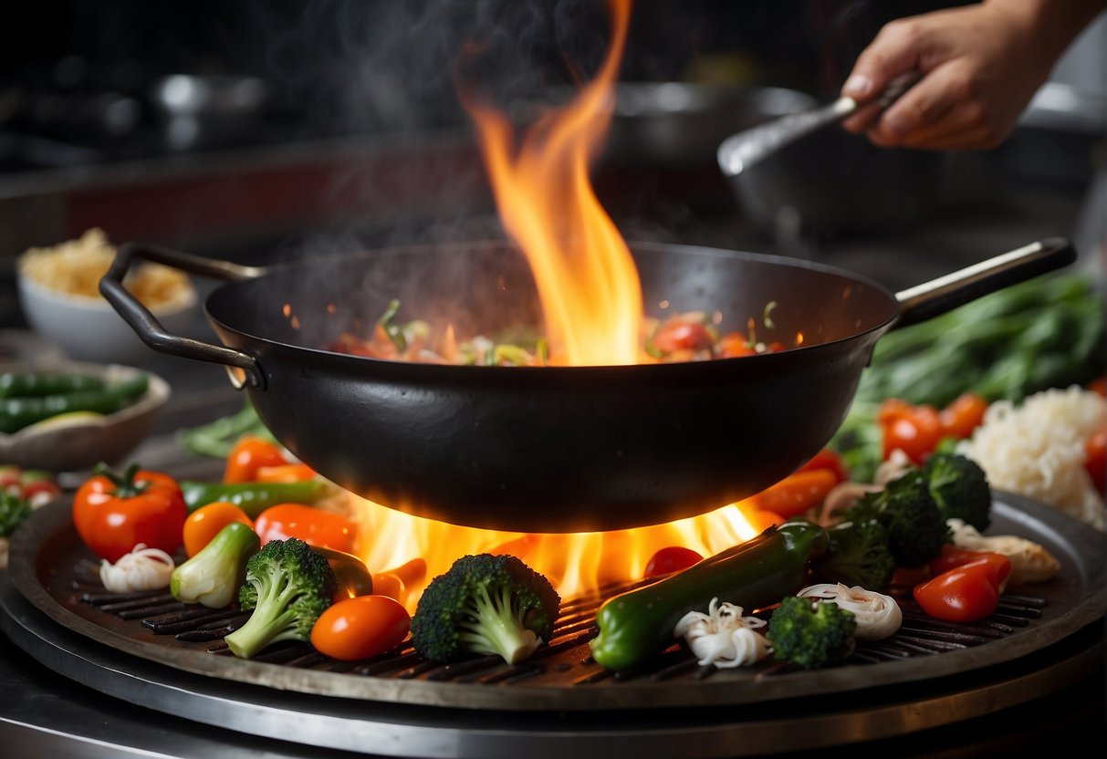 A wok sizzles over a high flame, as a chef tosses together a colorful array of fresh vegetables, aromatic spices, and tender chunks of meat, creating a tantalizing Chinese fusion dish