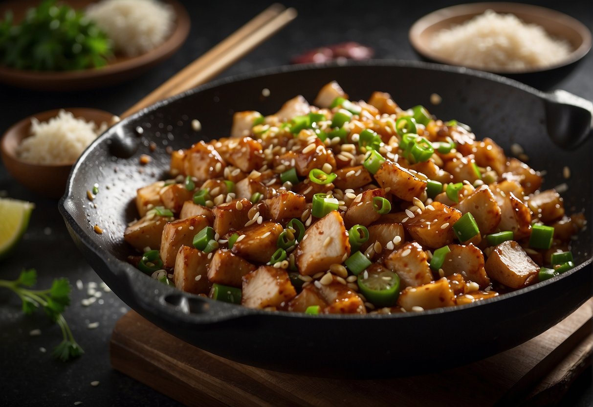 A wok sizzles with diced chicken, garlic, and green onions in a savory soy sauce. A sprinkle of sesame seeds adds the finishing touch