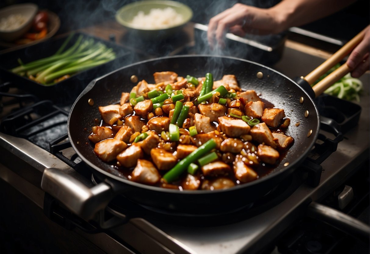 A sizzling wok with diced chicken, garlic, and green onions stir-frying in a savory soy sauce, creating a tantalizing aroma