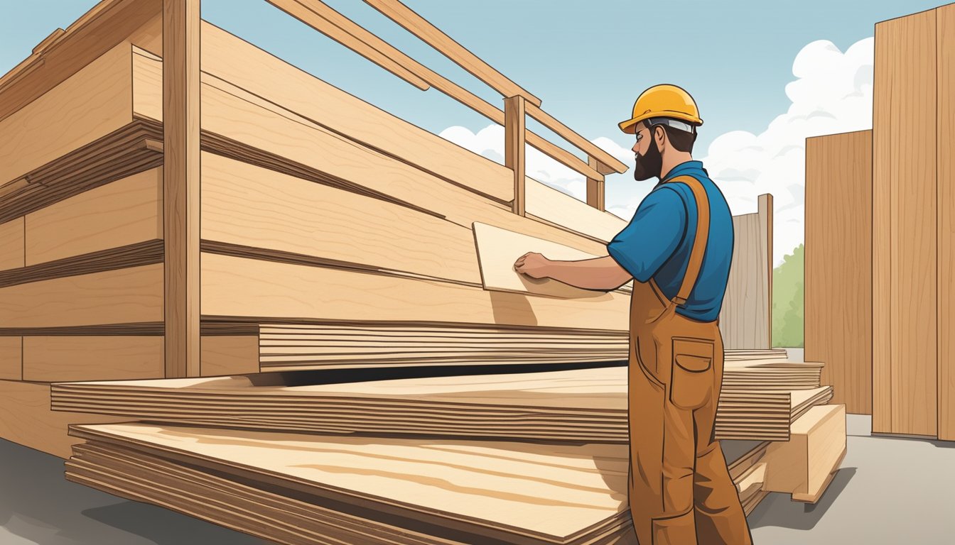 A person comparing different types of plywood in a lumberyard
