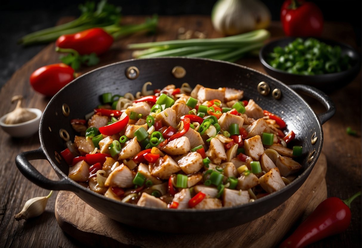 A wok sizzles with diced chicken, garlic, and ginger in a fragrant soy sauce. Chopped green onions and red chili peppers wait nearby