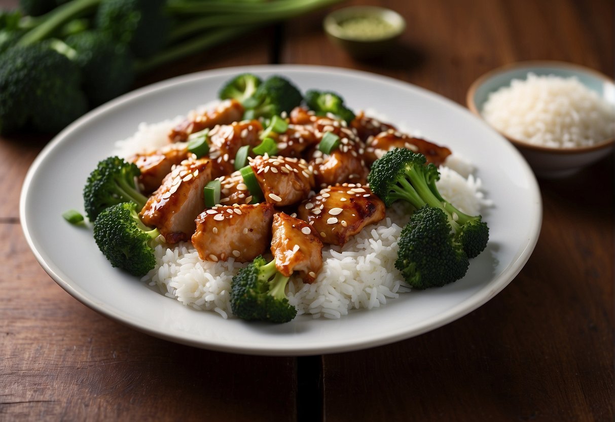 A plate of Chinese garlic chicken with steamed broccoli and white rice, garnished with sesame seeds and green onions, arranged on a wooden table
