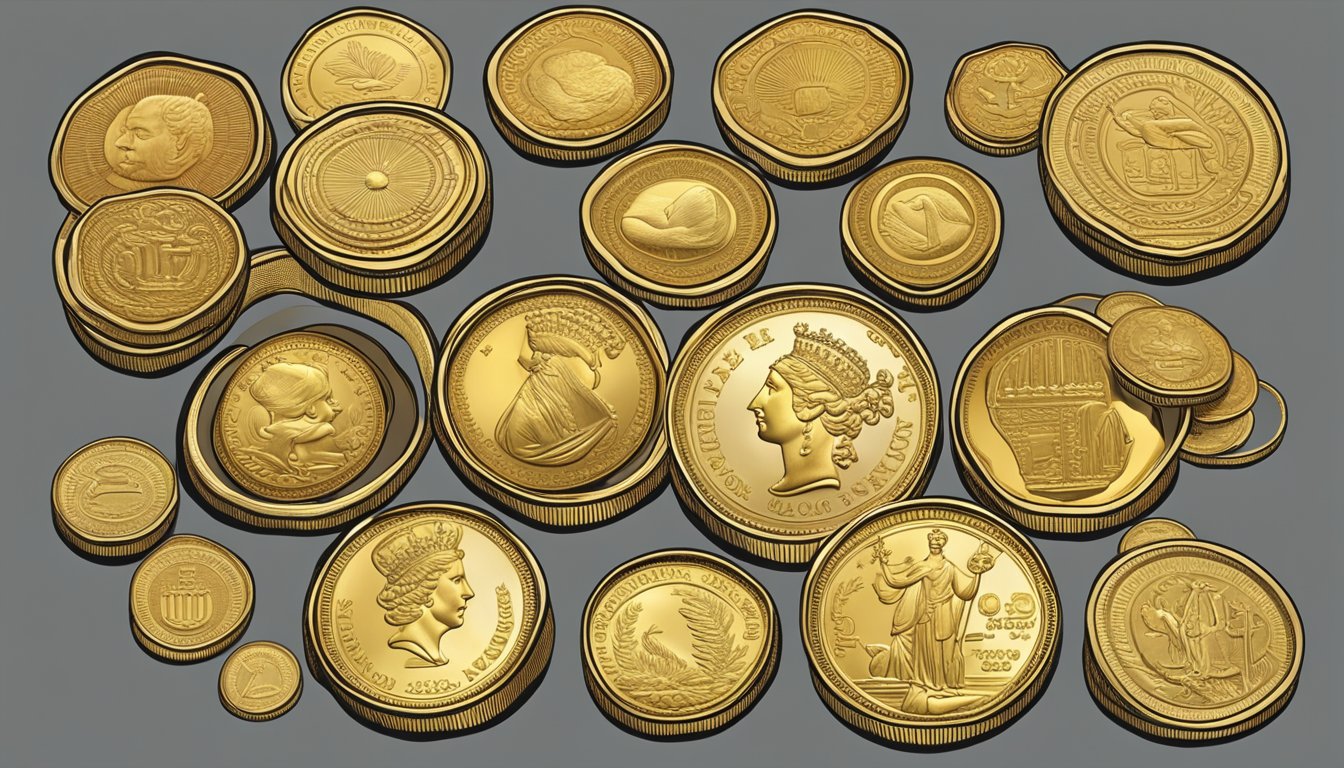 A collection of gold coins displayed on a velvet-lined tray, with varying sizes, designs, and purity levels. Bright lighting highlights their lustrous surfaces