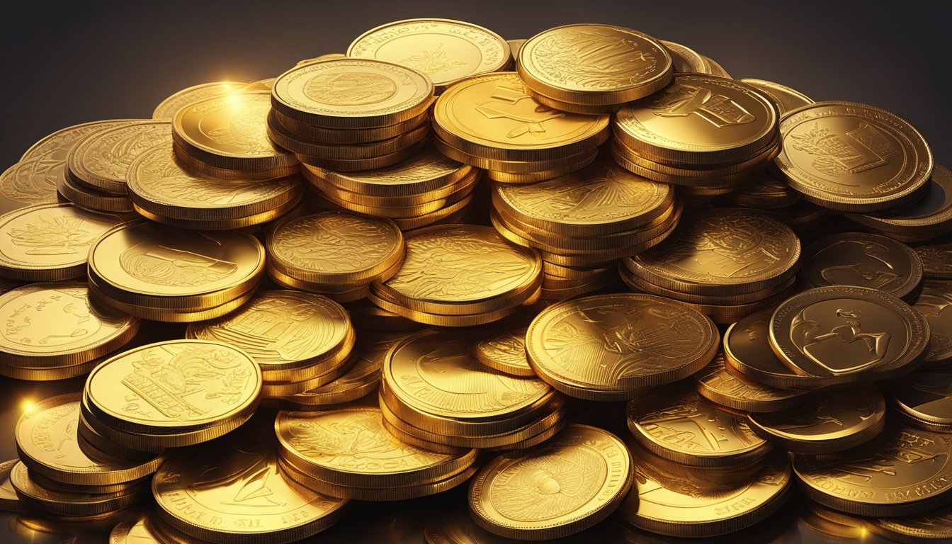 A stack of various gold coins on a polished surface with a spotlight shining on them, casting a warm glow