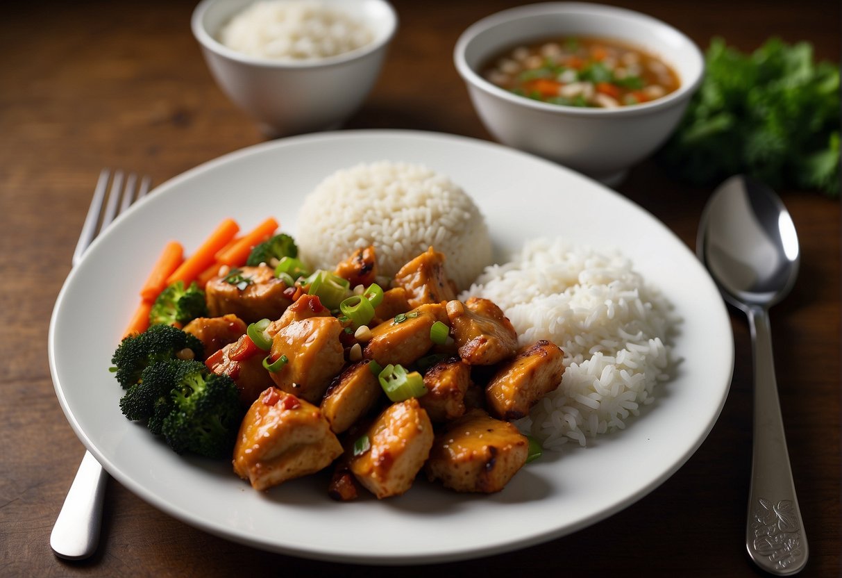 A plate of Chinese garlic chicken with a side of steamed vegetables, accompanied by a small bowl of white rice