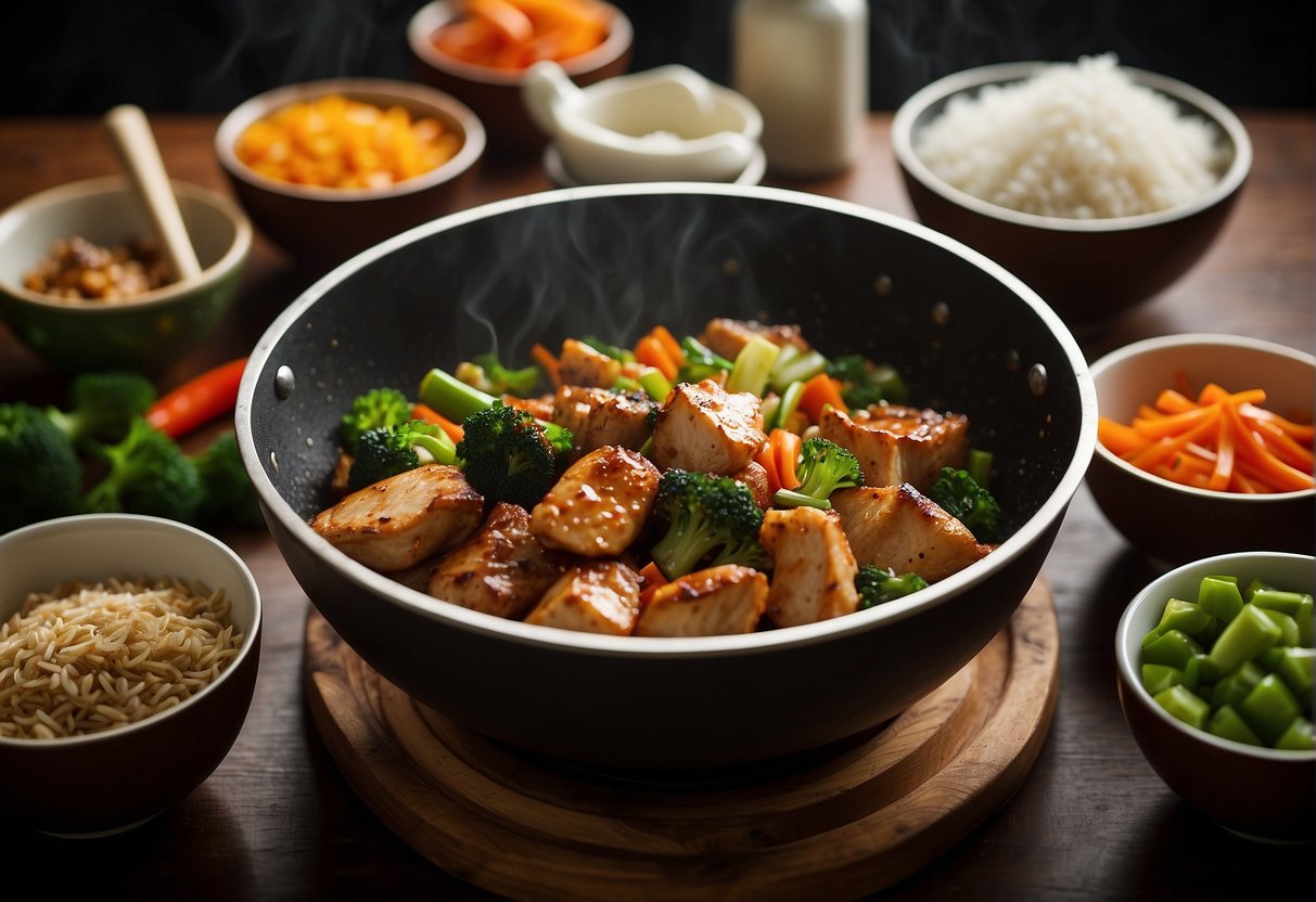 A sizzling wok stir-frying chunks of garlic-infused chicken, surrounded by colorful bowls of chopped vegetables and bottles of soy sauce and rice wine