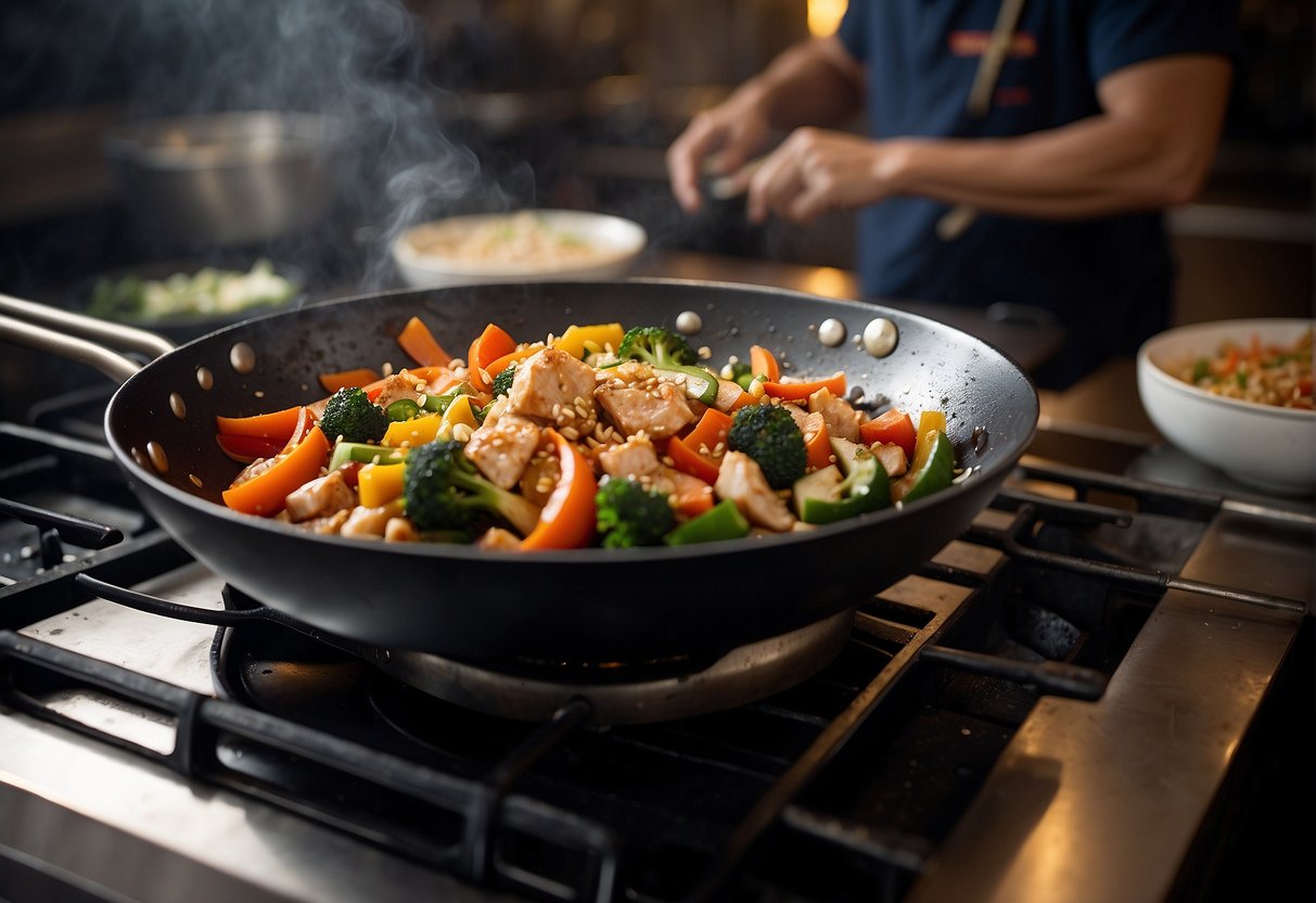 A wok sizzles with diced chicken, garlic, and vegetables in a savory sauce. A chef adds a personal touch, customizing the dish with a sprinkle of sesame seeds and a drizzle of soy sauce