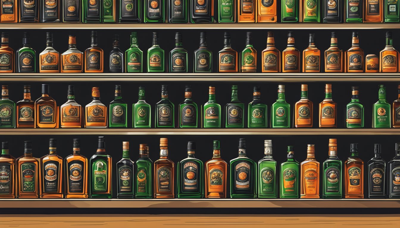 A bottle of Jagermeister on a shelf in a well-lit liquor store in Singapore