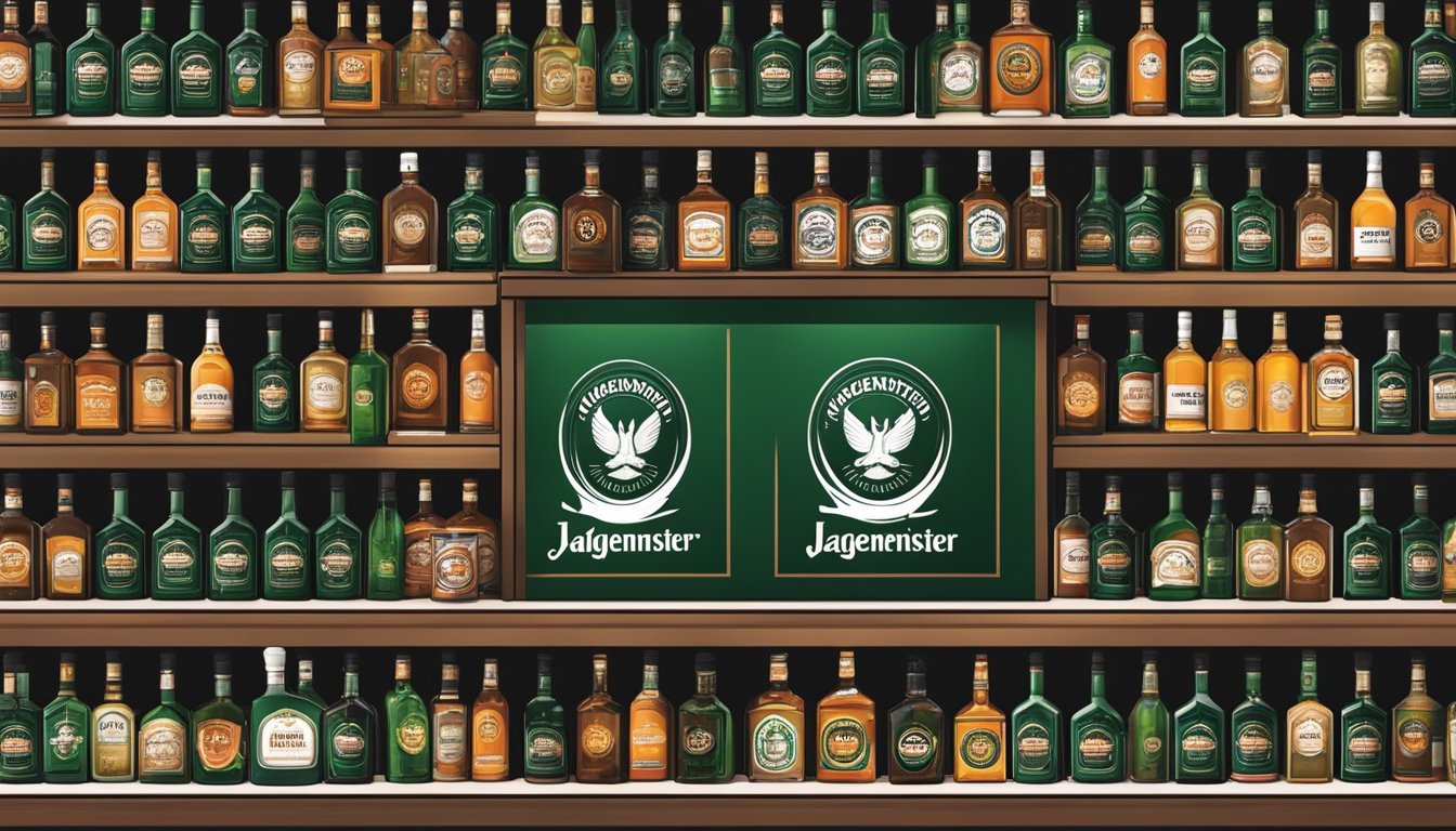 A liquor store in Singapore displays shelves stocked with Jägermeister bottles, with a prominent sign indicating the availability of the product