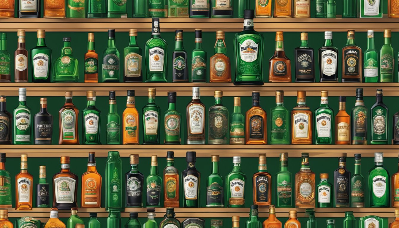 A bottle of Jägermeister sits on a shelf in a liquor store in Singapore, surrounded by other spirits. The label is prominently displayed, and the distinctive green bottle catches the light