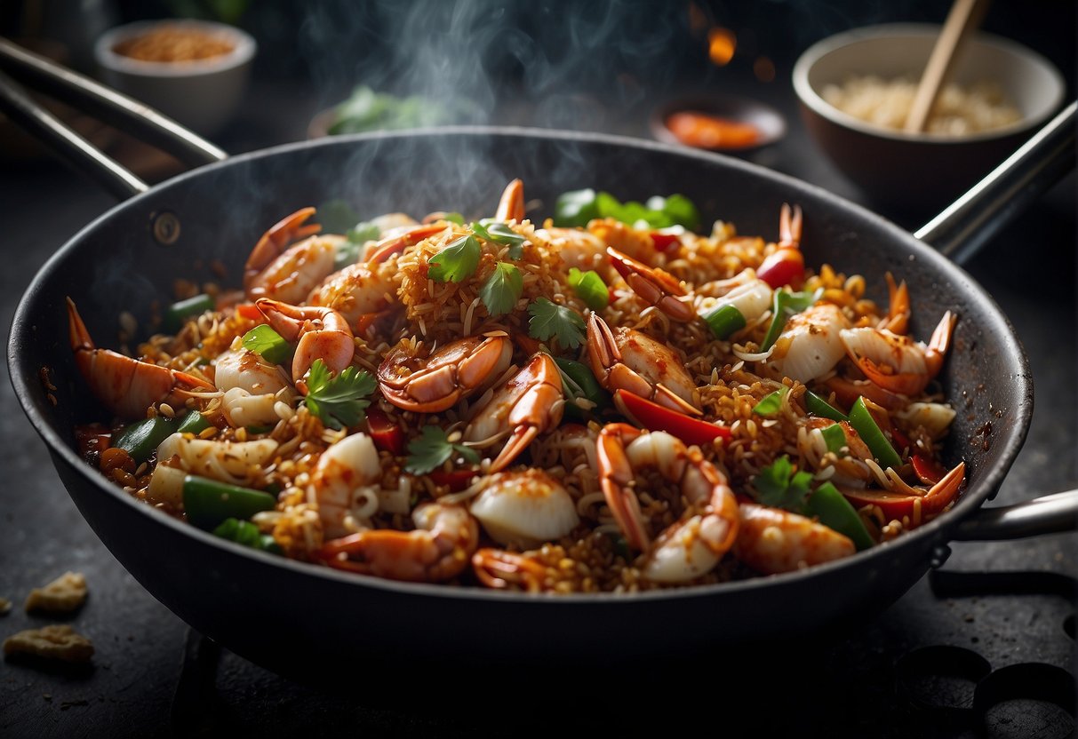 A wok sizzles with garlic, ginger, and chili as a whole crab is tossed in. The aroma of soy sauce and rice wine fills the air