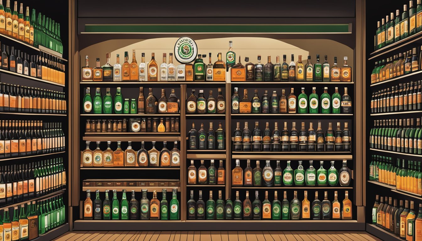 A liquor store shelf stocked with Jagermeister bottles in Singapore