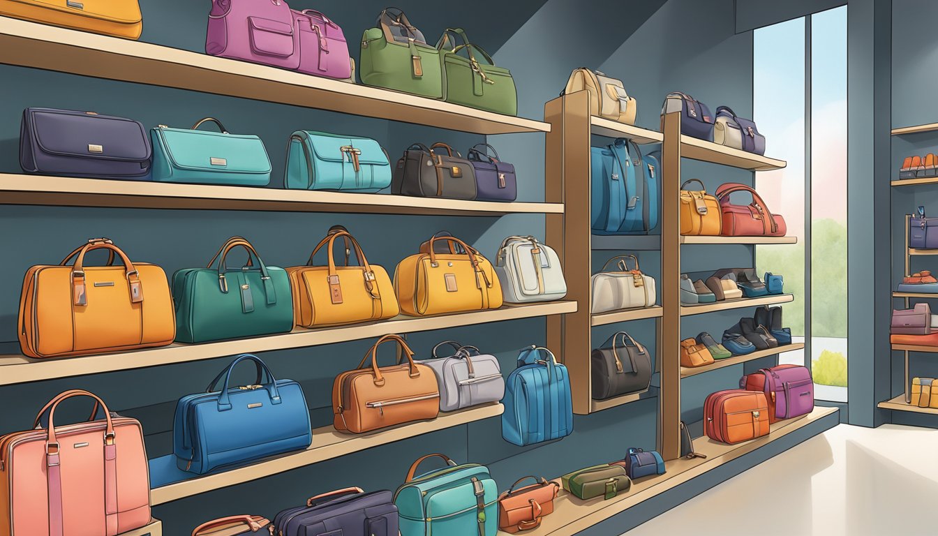 A colorful display of Porter Yoshida bags and accessories arranged on a sleek, modern store shelf