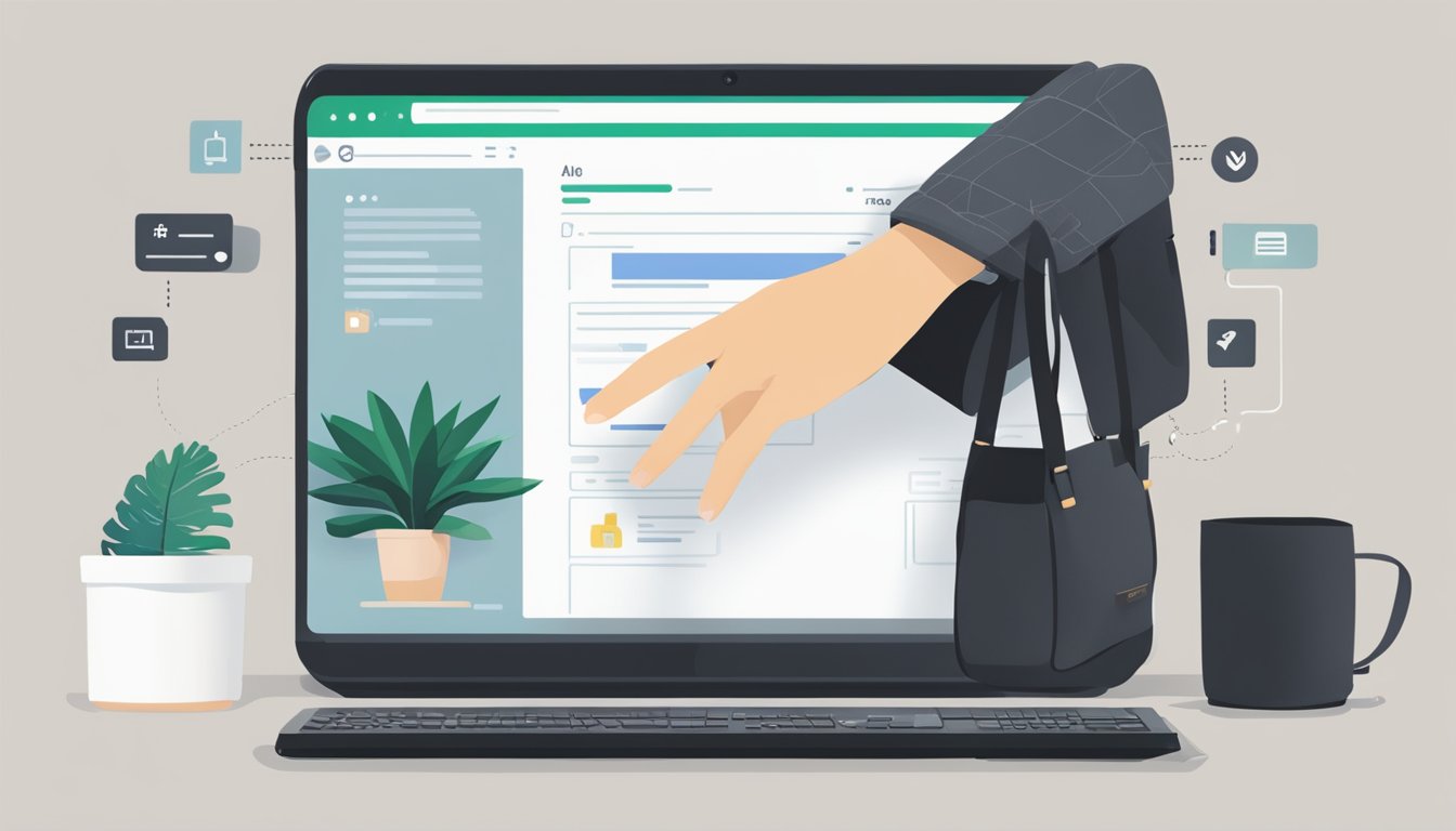 A hand reaches for a sleek black Porter Yoshida bag on a computer screen, with the "add to cart" button highlighted
