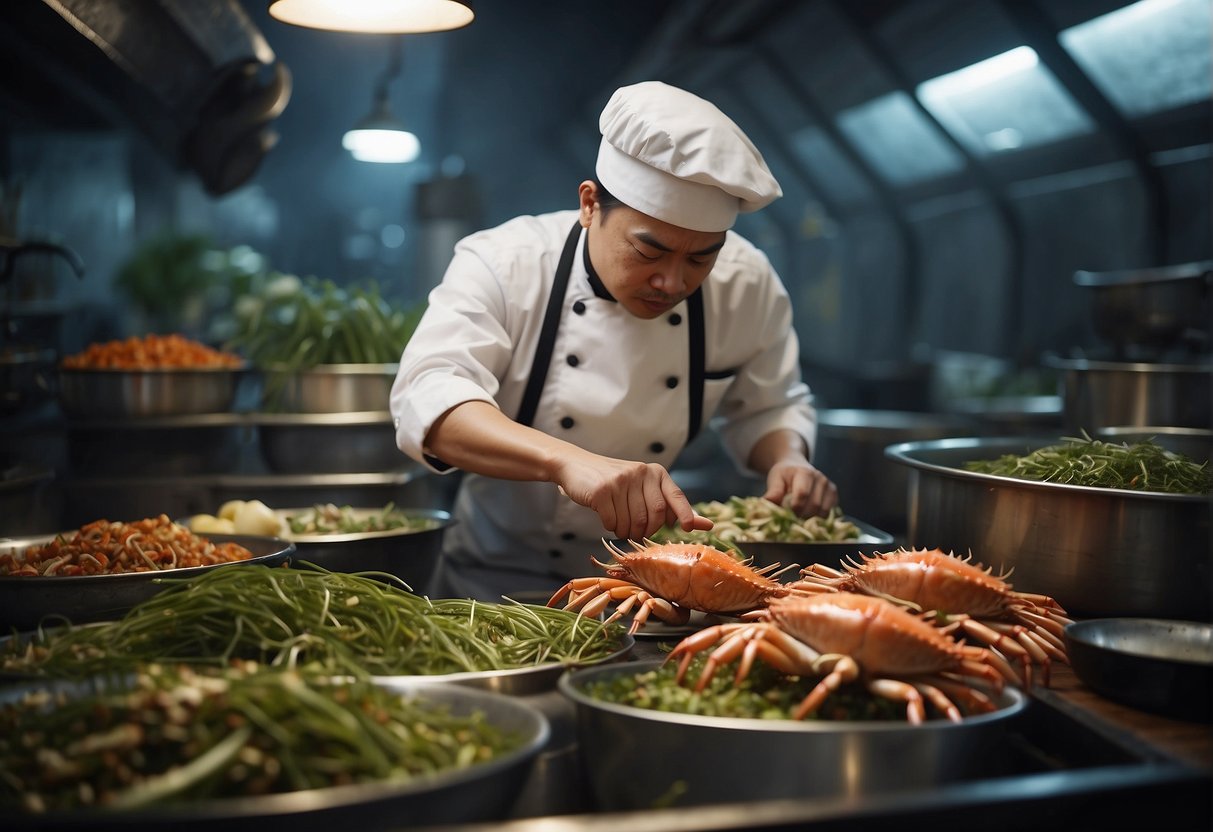 A chef selects live crabs from a tank, surrounded by garlic, ginger, and other ingredients for a Chinese garlic crab recipe