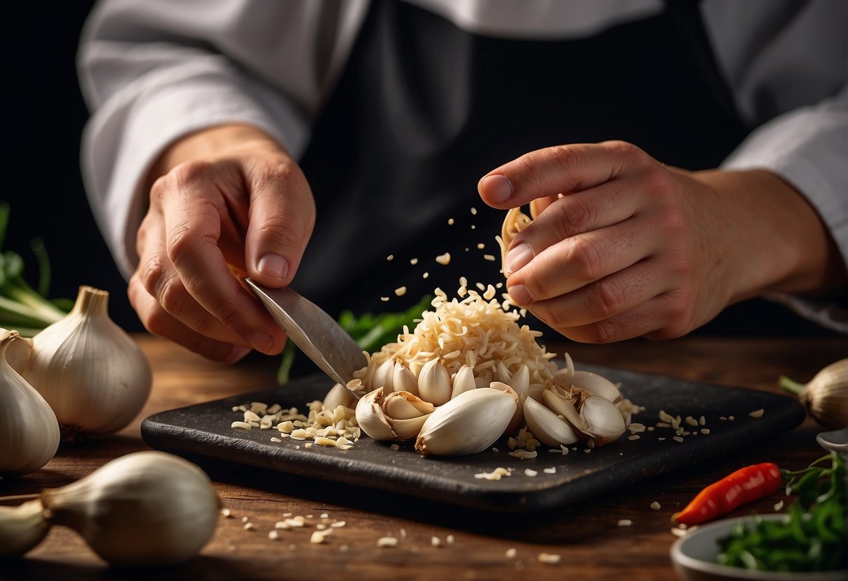 A chef chops garlic and ginger, cracks open crab shells, and measures out soy sauce and spices for a Chinese garlic crab recipe