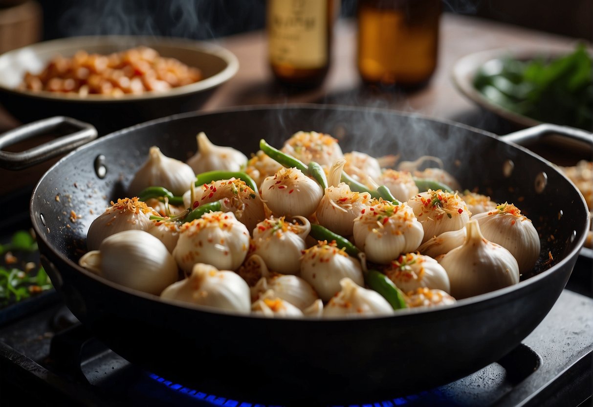 Garlic cloves sizzling in a wok, as a crab is added and stir-fried with soy sauce, ginger, and chili