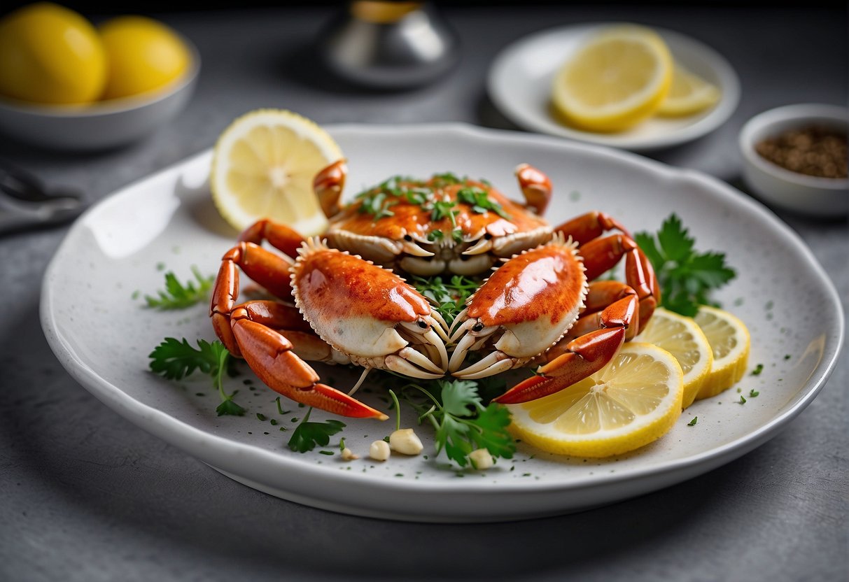 A platter of Chinese garlic crab, garnished with fresh herbs and lemon wedges, is elegantly presented on a white ceramic dish