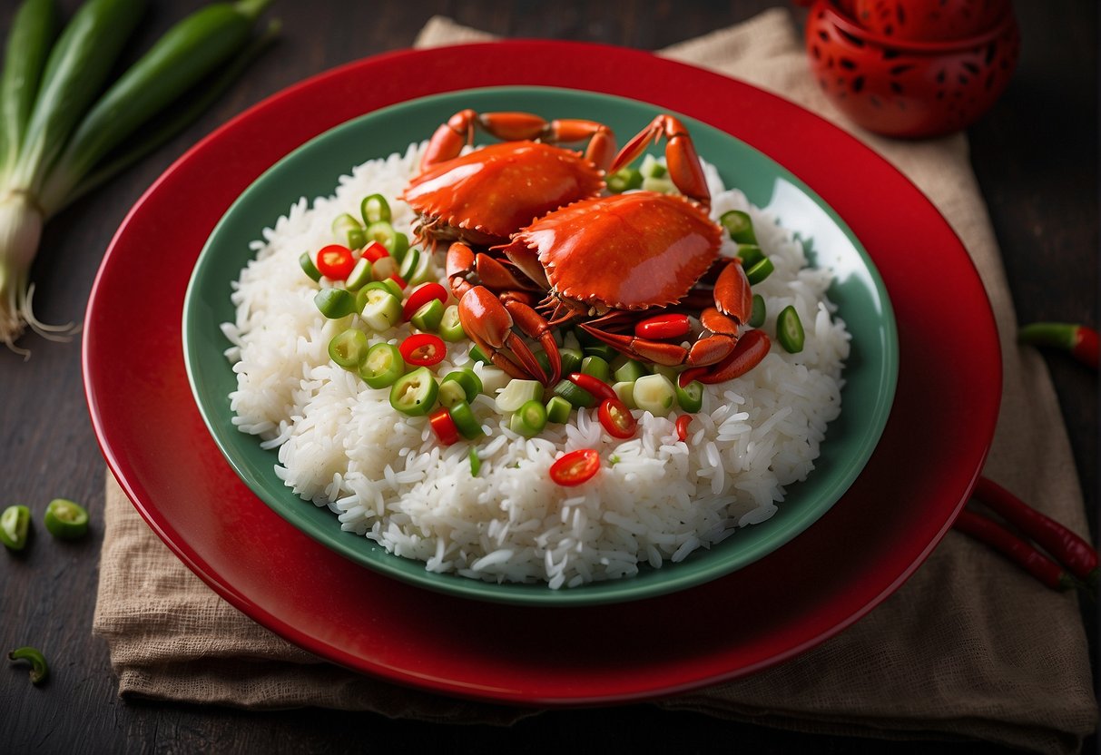 A table set with a steaming plate of Chinese garlic crab, surrounded by vibrant red chili peppers, fresh green scallions, and a bowl of fragrant jasmine rice