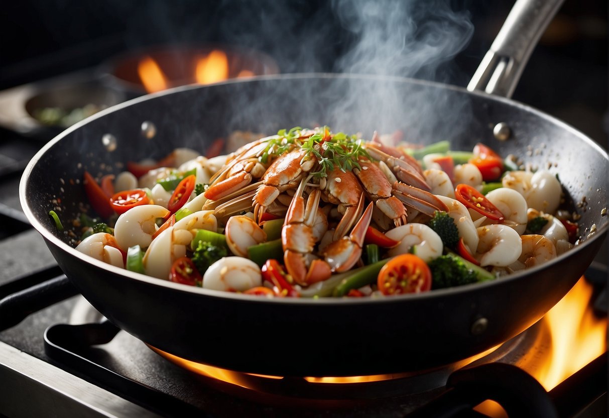 A chef stir-fries crab with garlic and Chinese spices in a sizzling wok. Steam rises and the aroma fills the air