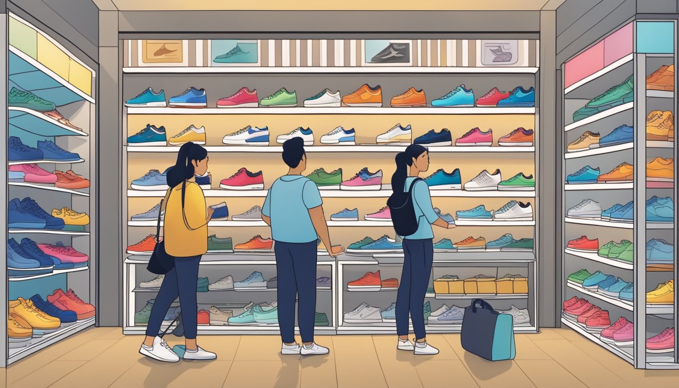 A store in Singapore sells Air Force 1 shoes, with shelves displaying various sizes and colors. Customers browse the selection, while a salesperson assists at the counter